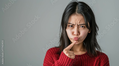 Asian Woman Shows An Emotion of Doubt and Gestures With Her Finger. Conveying a Sense of Hesitation And Questioning photo
