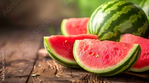 Close up of fresh Watermelons on a rustic wooden Table