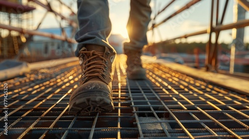 a worker walking on a metall mesh at a construction site - closeup on his workboots photo