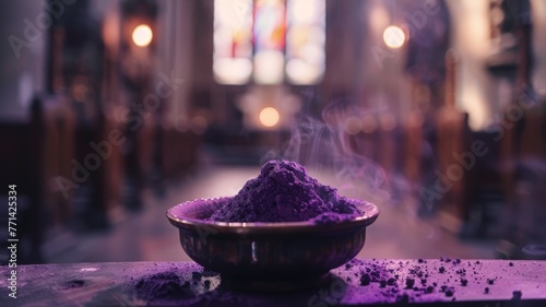 An evocative close-up view of purple ashes in a ceremonial dish, a poignant symbol of Ash Wednesday, set against the blurred backdrop of an empty church sanctuary photo
