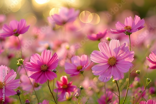 Pink cosmos flower field in garden with blurry background 