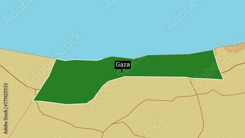 Gaza Strip Map zooming Middle East and highlighted Gaza city Palestine and Israel conflict animation. Gaza border surrounding countries political map, Palestinian territory 3D map. photo