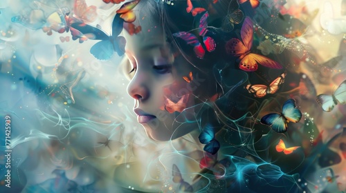 Little girl's face with watercolor effects with butterfly images and colorful AI generated images photo