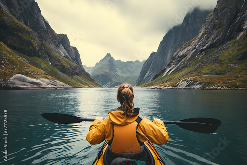 woman kayaking while looking at mountains in the style  b8abb145-e28e-4a22-8ab7-847722ceee71 photo