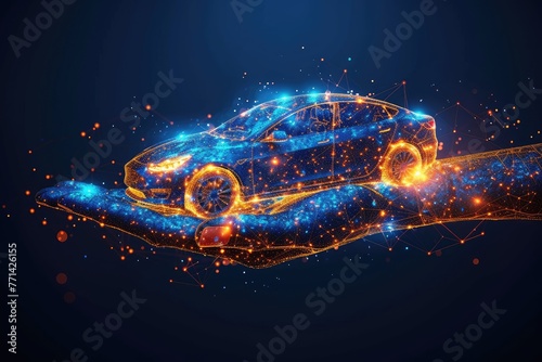 Hand Holding Car Plate Digital Polygonal Mesh Wireframe with Dots, Lines, and Glowing Stars; Representing Auto Centers, Cars for Sale or Rent, with Dark Blue Abstract Illustration