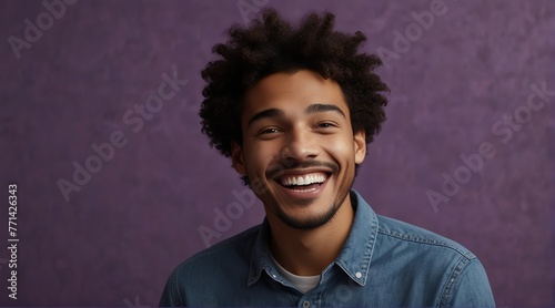 young british man on plain bright purple background laughing hysterically looking at camera background banner template ad marketing concept from Generative AI