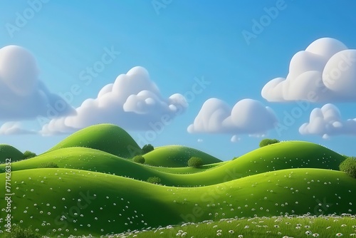 3d realistic cartoon green hills with white clouds on blue sky background. Summer landscape environment. Minimal nature cute composition.