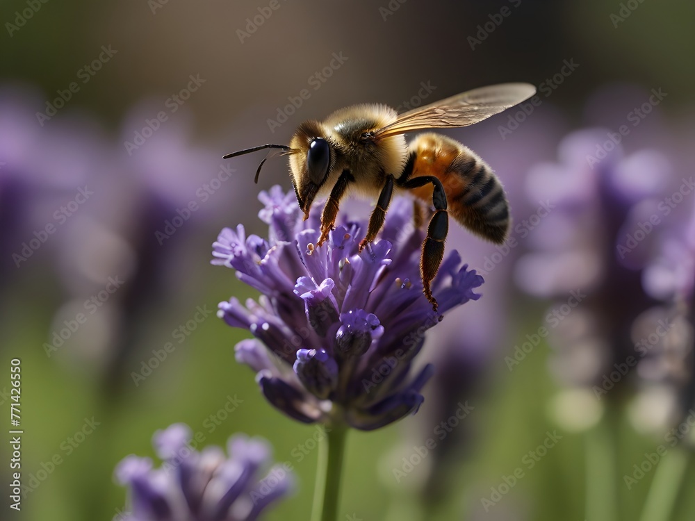 Bee landing on a vibrant lavender bloom, generative AI Bee landing on a vibrant lavender bloom, generative AI