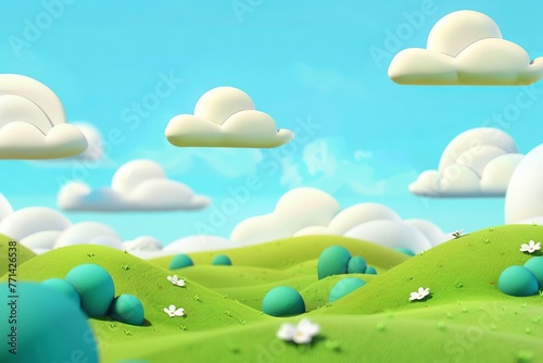 3d realistic cartoon green hills with white clouds on blue sky background. Summer landscape environment. Minimal nature cute composition.