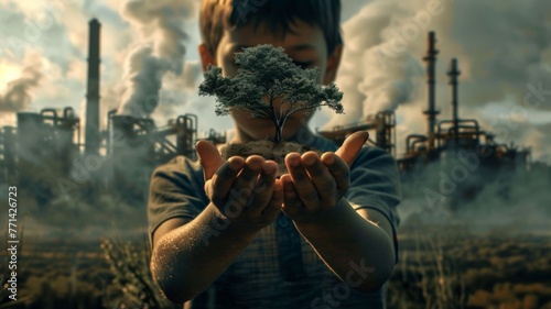 world environment day. earth day. The boy had a tree in both his palms between his chest. Behind is an industrial factory.