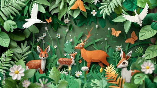 world environment day. earth day. World Wildlife Day with the animal in forest , Paper art and digital craft style.