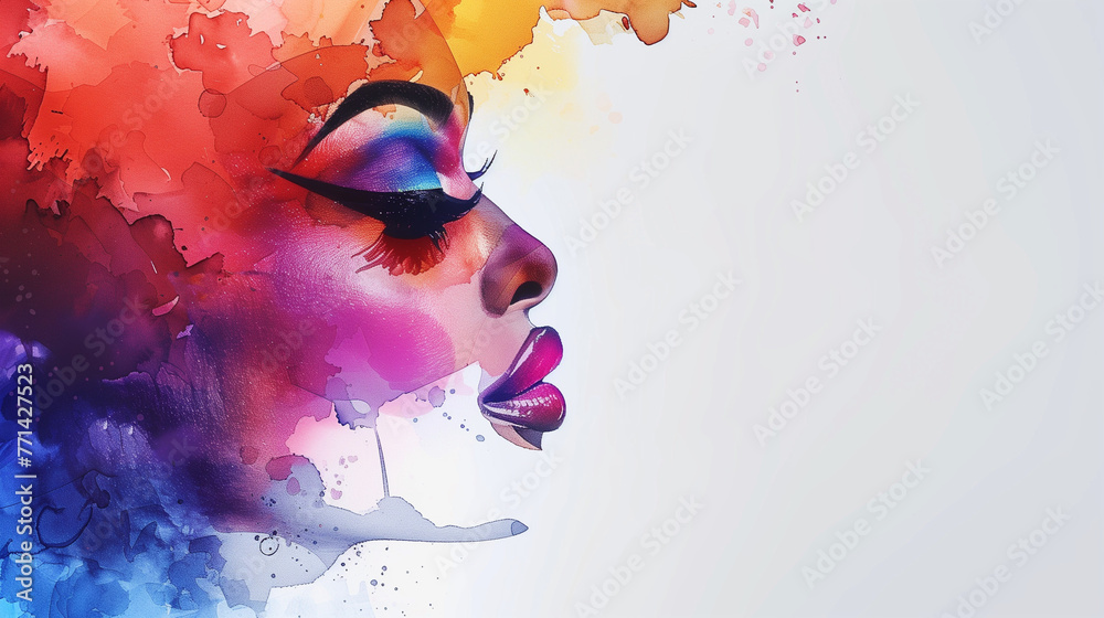 Watercolor illustration of an African American woman with colorful makeup, side profile, watercolour painting of a gay black drag queen at pride month, LGBTQ+ festival. white background copy space