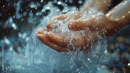 Hands thoroughly washing under a stream of water photo