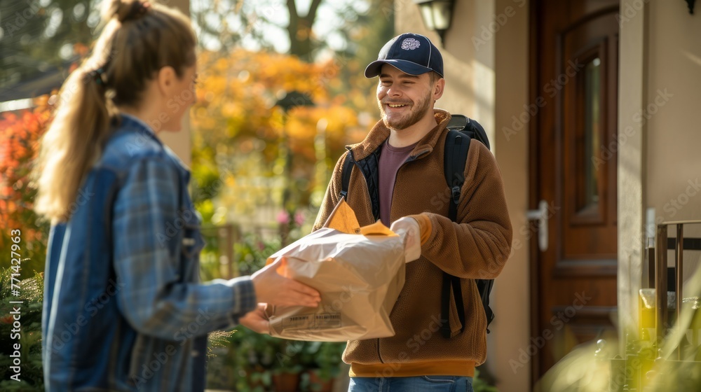 Food Courier Handing Over Food Delivery at the Door 