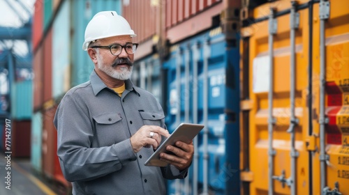 A logistics manager reviewing shipment schedules on a digital tablet. 