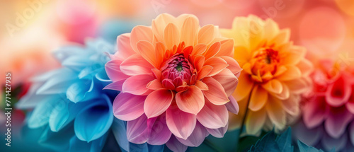 Array of soft pastel-colored dahlias in full bloom, presenting a peaceful and calming floral scene. © khonkangrua
