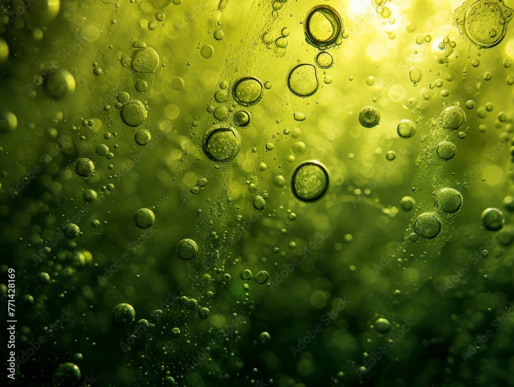 Closeup of glistening water droplets on vibrant green surface with sun shining in background, natural beauty of nature