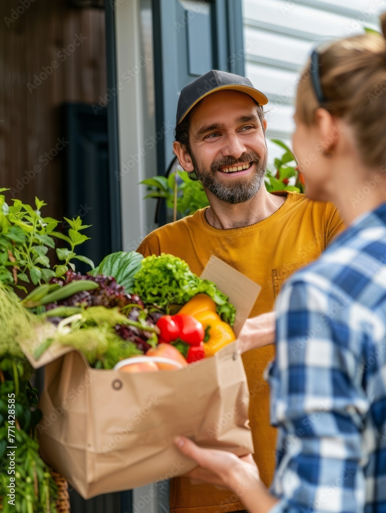 Food Courier Handing Over Food Delivery at the Door Food Courier Handing Over Food Delivery at the Door