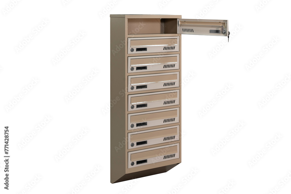 Mailboxes in the condo. metal mailbox with lockable center in condo. Mailbox on the white background isolated Mailboxes in the condo. metal mailbox with lockable center in condo. Mailbox on the white background isolated