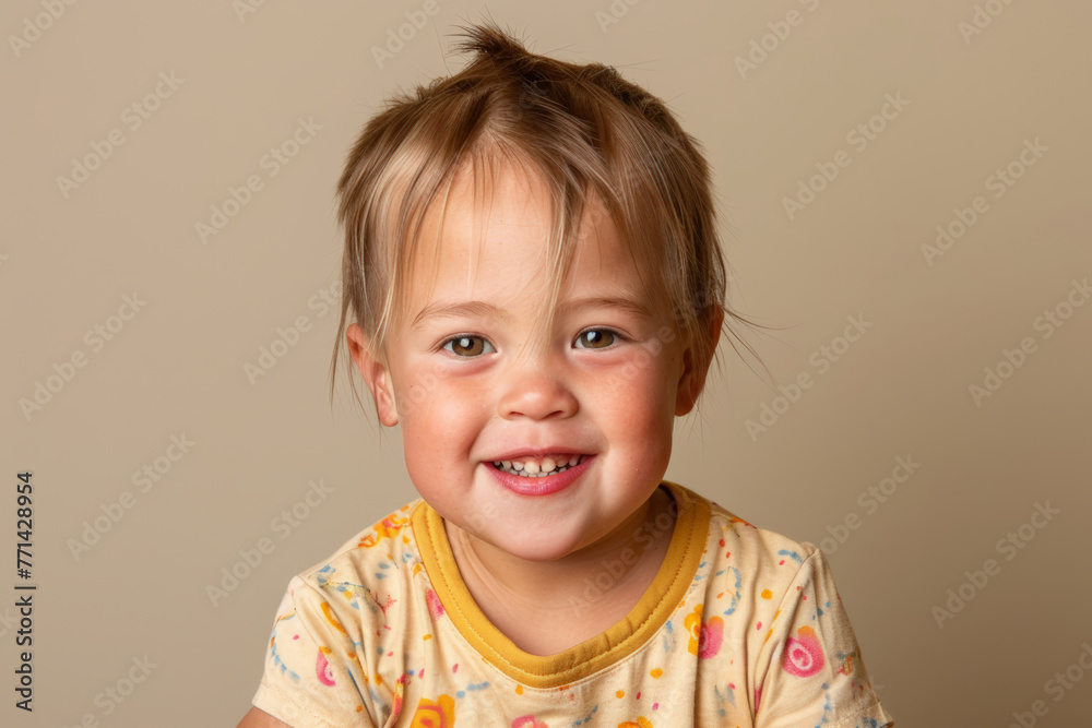 Child with Down syndrome. Light brown background, studio shot Child with Down syndrome. Light brown background, studio shot