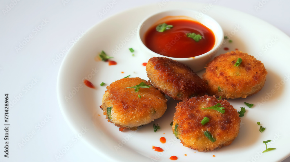 Vegetable cutlets served with sauce on a white plate against a white background Vegetable cutlets served with sauce on a white plate against a white background