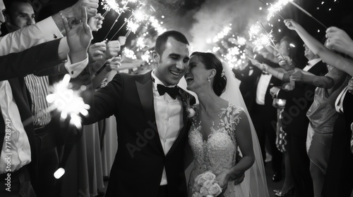 Newlyweds surrounded by sparklers during their grand exit. 