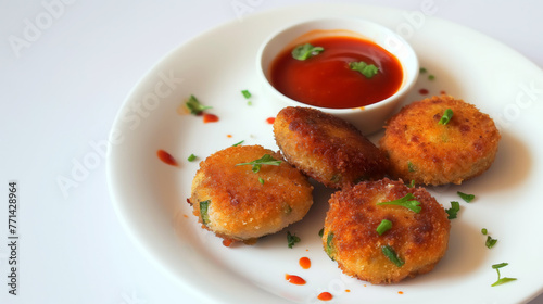 Vegetable cutlets served with sauce on a white plate against a white background © PrabhjitSingh