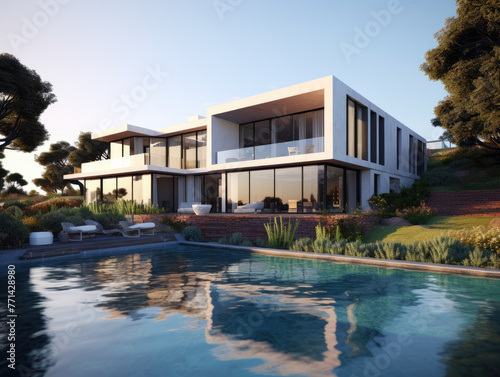 Modern stylish home with a minimalistic design  and a swimming pool in the foreground. Modern minimalistic architecture. Generative AI.