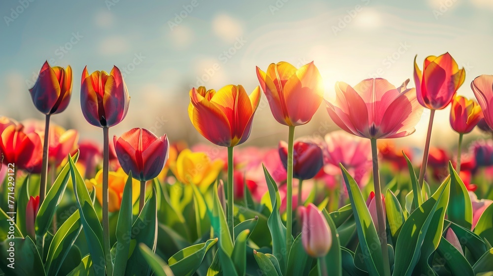 A stunning image of a field brimming with vibrant red tulips, illuminated by the rays of sunlight.