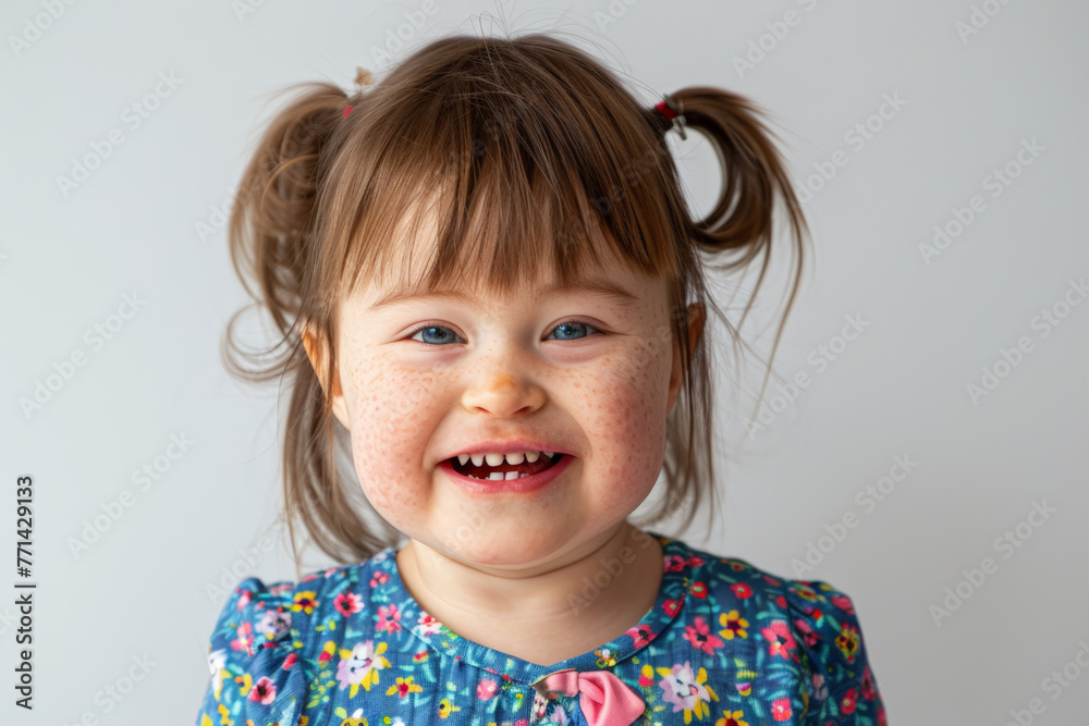 Child with Down syndrome. Gray background, studio shot Child with Down syndrome. Gray background, studio shot