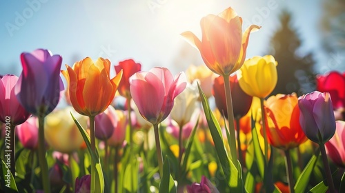 A stunning image of a field brimming with vibrant red tulips, illuminated by the rays of sunlight.