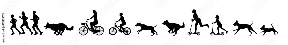 Black silhouette set of people sport activities outdoors with dogs vector illustration. People running cycling and riding scooter with dogs vector silhouettes. - obrazy, fototapety, plakaty 