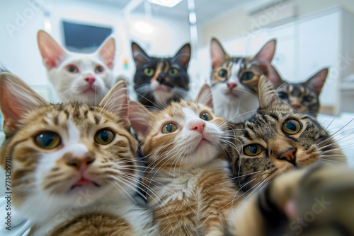 Group of Domestic Cats with Curious Expressions Inside Veterinary Clinic, Awaiting Health Checkups and Treatments.