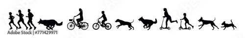 Black silhouette set of people sport activities outdoors with dogs vector illustration. People running cycling and riding scooter with dogs vector silhouettes.
