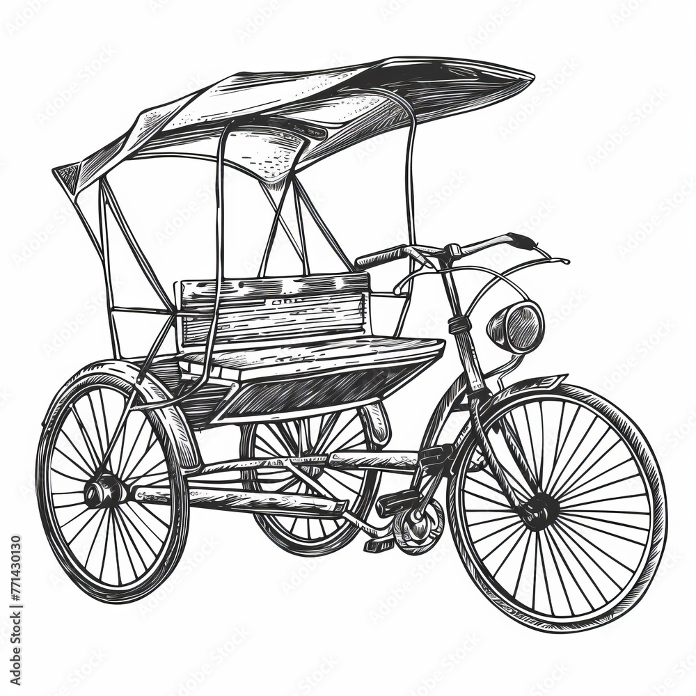a hand-drawn of Bicycle rickshaw, simple vector svg illustration, black monoline, isolated on with background