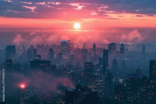Sunrise over financial district  wide angle  skyscrapers glowing for a hopeful industry wallpaper   octane render