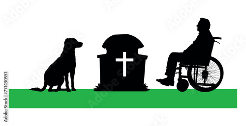 Elderly man sits on wheelchair visiting his wife's grave accompany by dog black silhouette