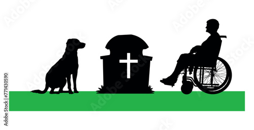 Elderly woman sits on wheelchair visiting former husband's grave accompany by her dog vector silhouette.