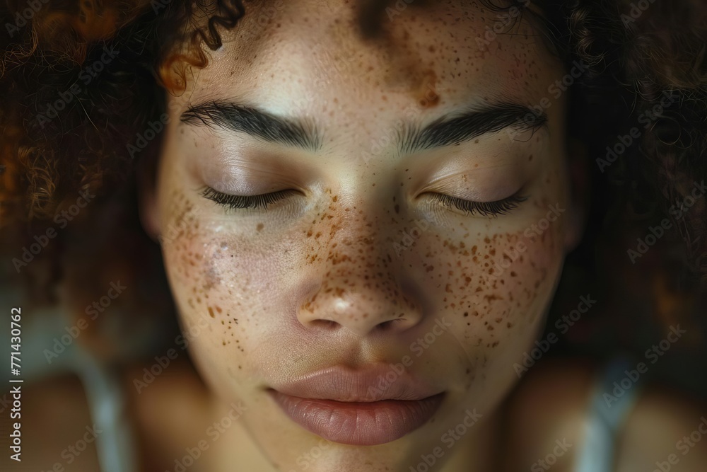Intimate Detail Mixed Race Woman with Freckles and Closed Eyes