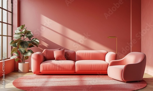 Cozy pink living room interior with sofa, chair, and potted plant in front of a window home decor concept