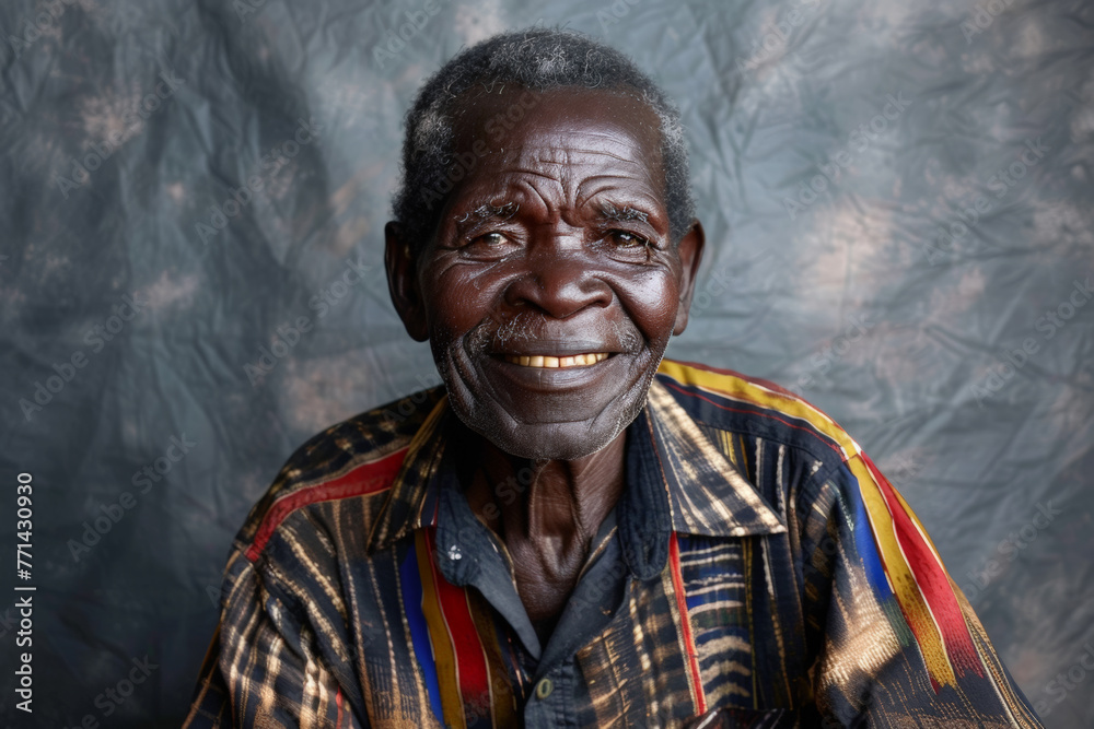 Close-up portrait of an 80-year-old senior man, emanating positivity and vitality with his joyful smile and expressive eyes, against a sleek gray studio backdrop