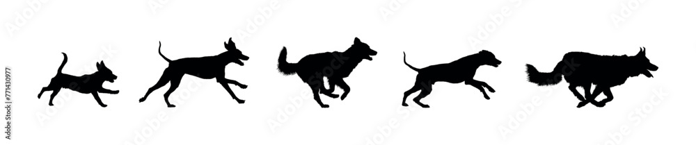 Dogs running side view vector black silhouettes. 	