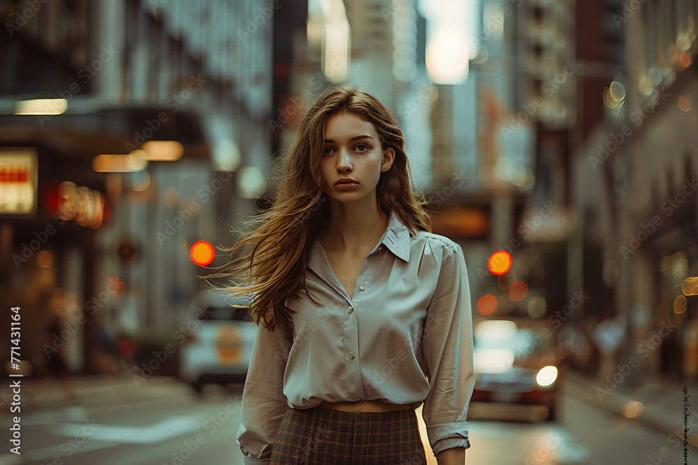 portrait of a young woman dressed in a shirt and skirt walking on a city street portrait of a young woman dressed in a shirt and skirt walking on a city street
