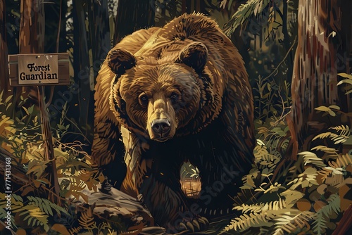 a cartoon formidable bear prowling through a dense forest, its sign reading 