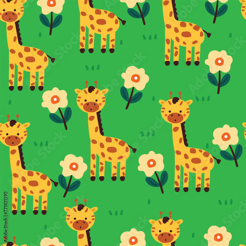 seamless pattern cartoon giraffe with flower, plant. cute animal wallpaper for textile, gift wrap paper