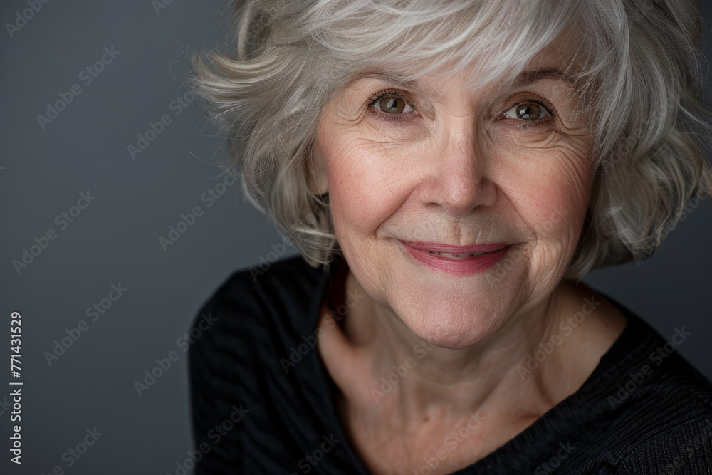 Timeless beauty of an 80-year-old senior woman in a close-up studio portrait, showcasing her radiant smile and joyful demeanor against a neutral gray background Timeless beauty of an 80-year-old senior woman in a close-up studio portrait, showcasing her radiant smile and joyful demeanor against a neutral gray background