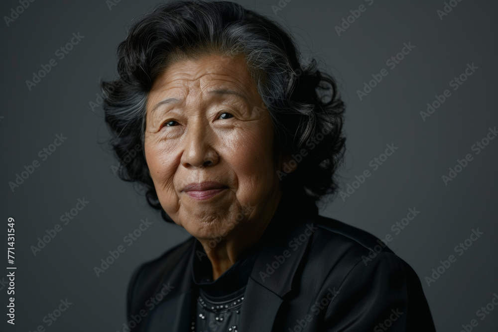 Timeless beauty of an 80-year-old senior woman in a close-up studio portrait, showcasing her radiant smile and joyful demeanor against a neutral gray background