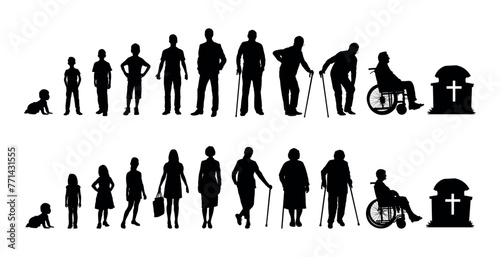 Human life cycle stages from birth to death vector silhouettes set. Human aging process stages infographic silhouettes.	