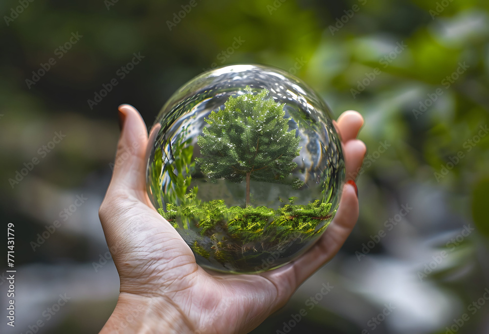 A hand holds a glass sphere containing a green tree inside, symbolizing sustainable development, eco-friendly living, and environmental protection. A hand holds a glass sphere containing a green tree inside, symbolizing sustainable development, eco-friendly living, and environmental protection.