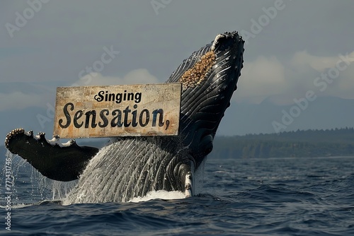 humpback whale breaching the surface of the ocean, holding a sign reading "Singing Sensation" as it belts out a melodious tune that echoes across the waves